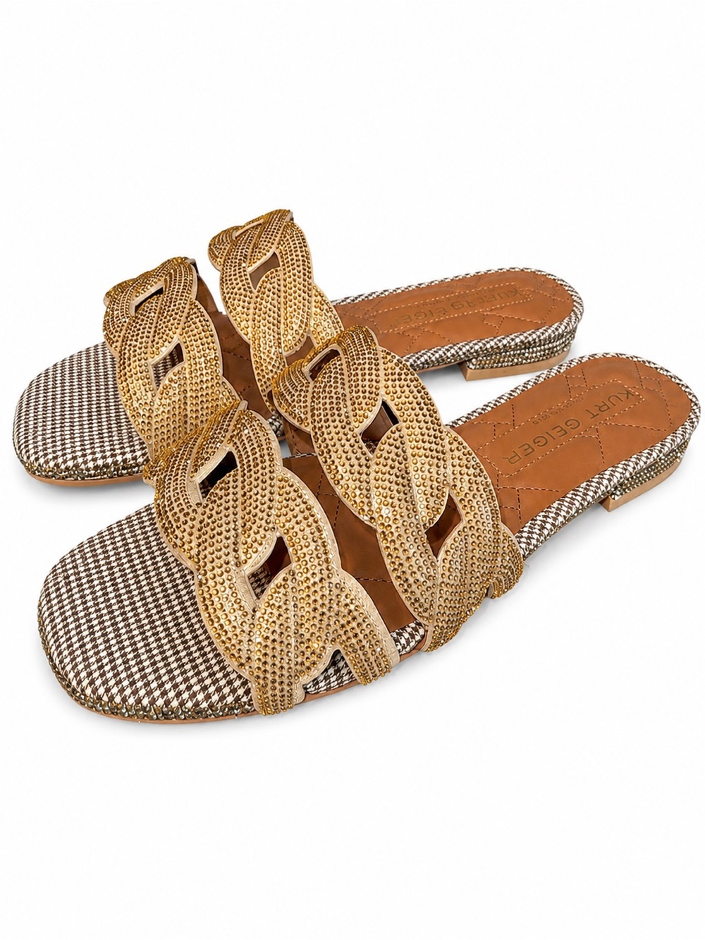 NWOT Kurt Geiger London Crystal Chain Flat Sandals Beige Gold Women’s 8.5